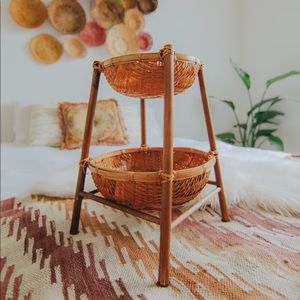 Unique Boho Wicker + Wood Two Bowl Stand